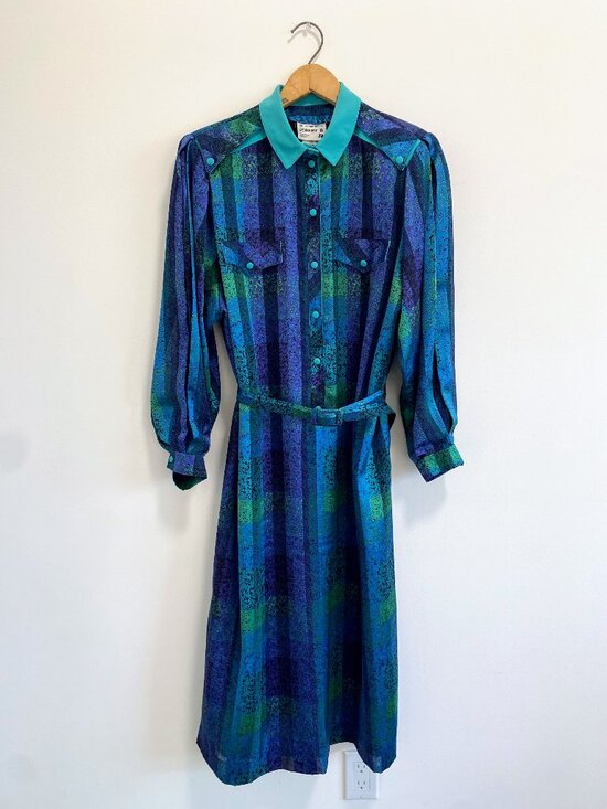 Jeremy D Dresses & Skirts - Vintage Satin Blue + Turquoise Button Up House Dress / 80s / Made in Canada